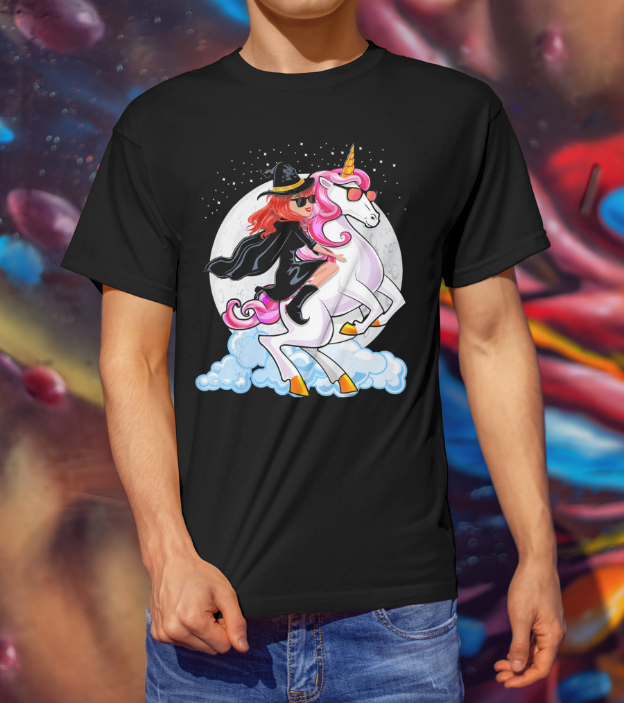 Halloween Witch Riding A Unicorn In Front Of Full Moon T-Shirt