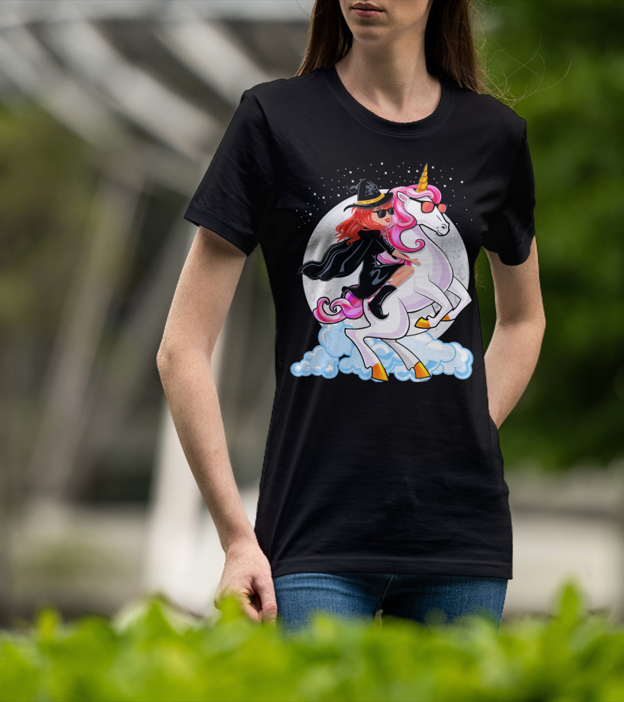 Halloween Witch Riding A Unicorn In Front Of Full Moon T-Shirt