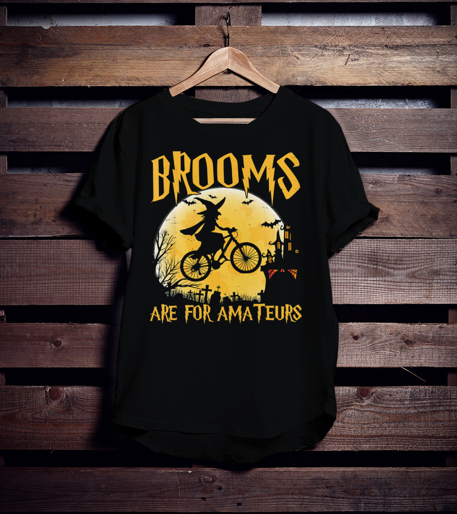 Brooms Are For Amateurs Witch Flying Bike Silhouette Halloween Moon Graveyard T-Shirt
