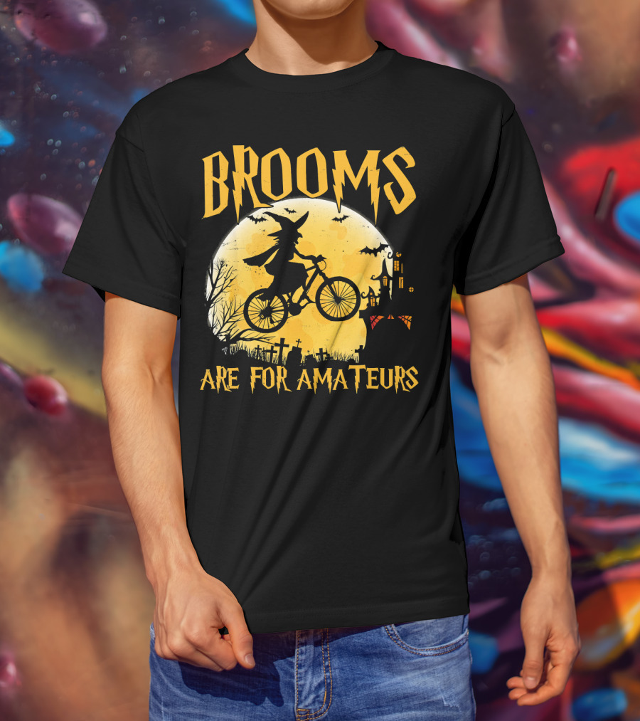 Brooms Are For Amateurs Witch Flying Bike Silhouette Halloween Moon Graveyard T-Shirt