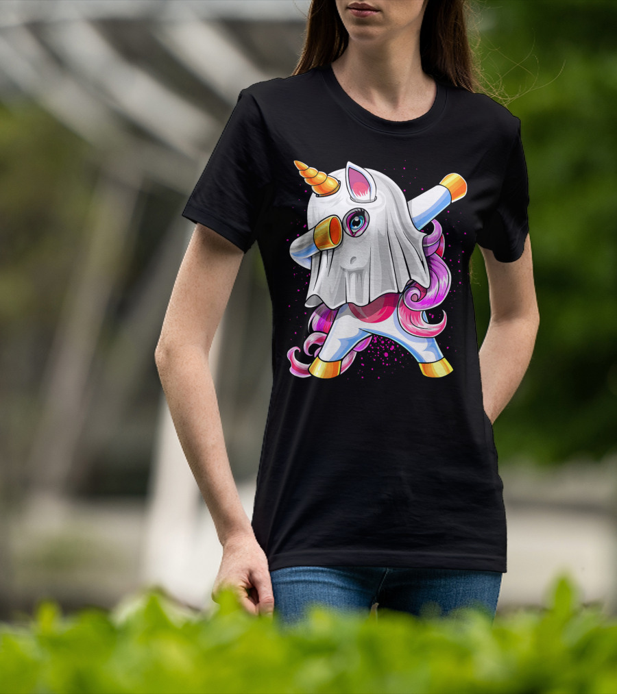 Dabbing Unicorn In Halloween Ghost Costume T-Shirt
