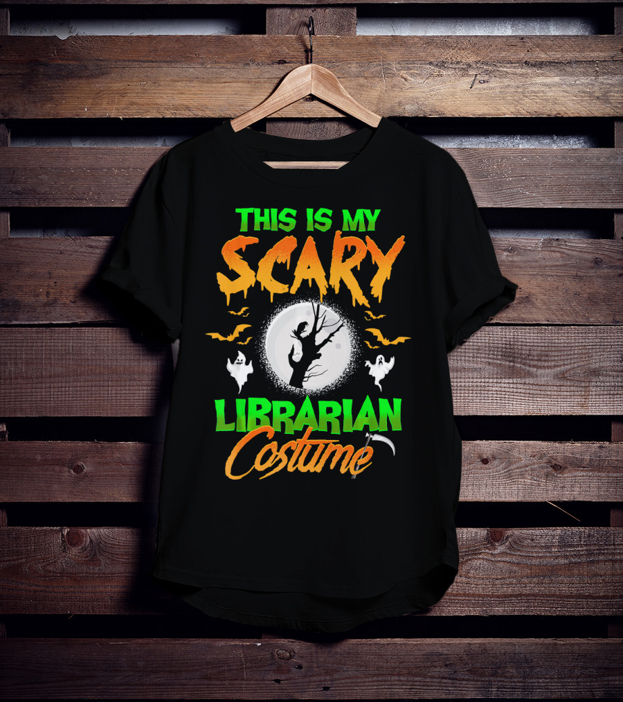 This Is My Scary Librarian Costume Ghosts Bats Moon Grim Reaper Scythe T-Shirt