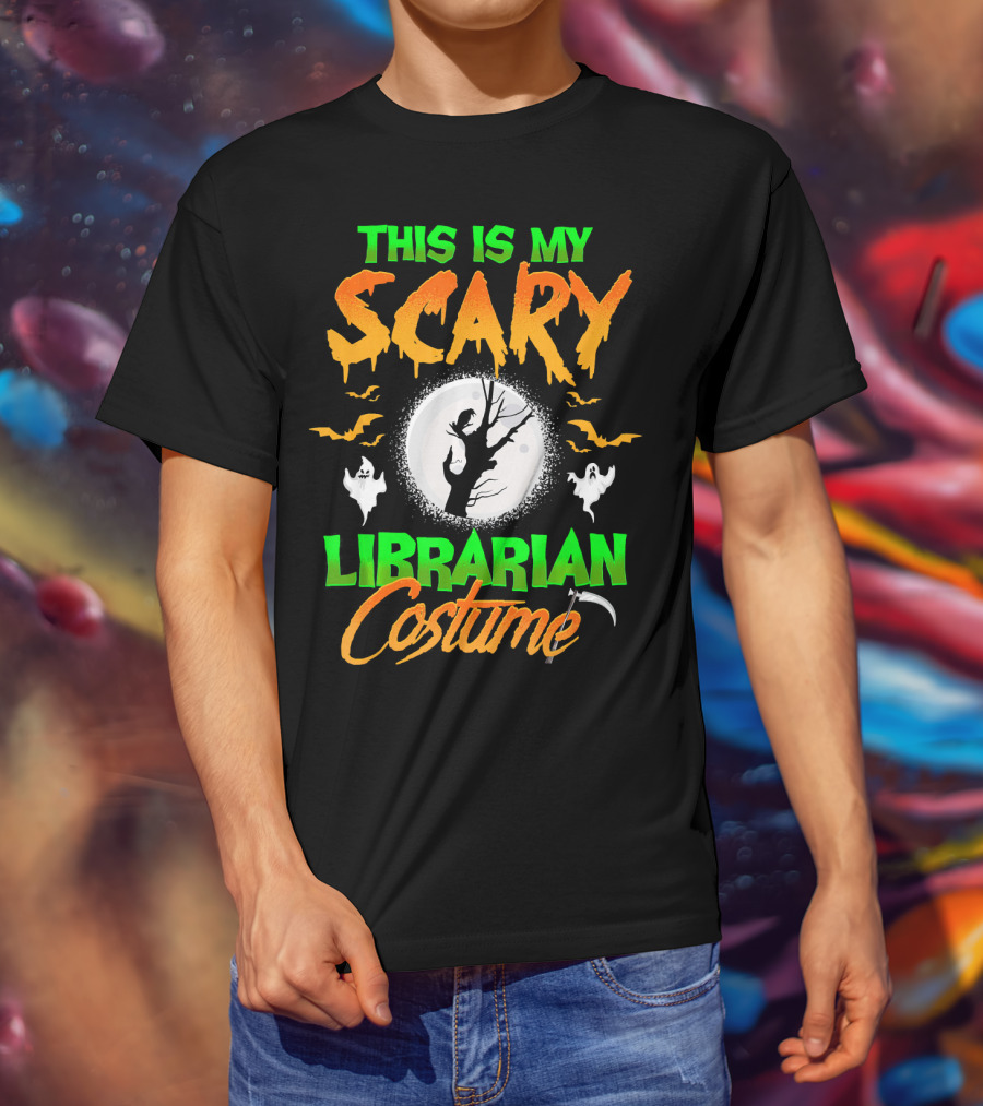 This Is My Scary Librarian Costume Ghosts Bats Moon Grim Reaper Scythe T-Shirt