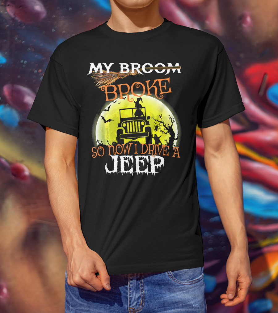 My Broom Broke So Now I Drive A Jeep Halloween Moon Bats T-Shirt