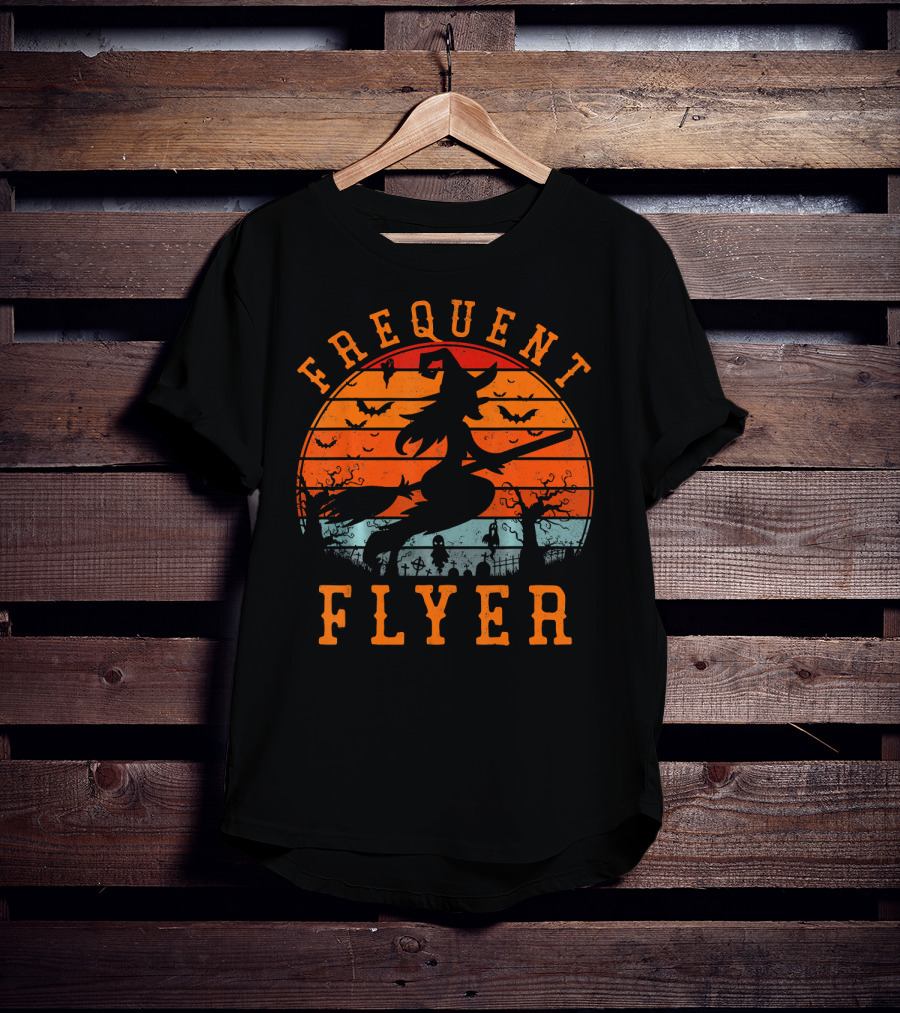 Frequent Flyer Witch Silhouette Halloween Bats And Graveyard Scene T-Shirt
