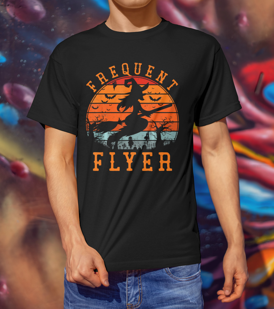 Frequent Flyer Witch Silhouette Halloween Bats And Graveyard Scene T-Shirt
