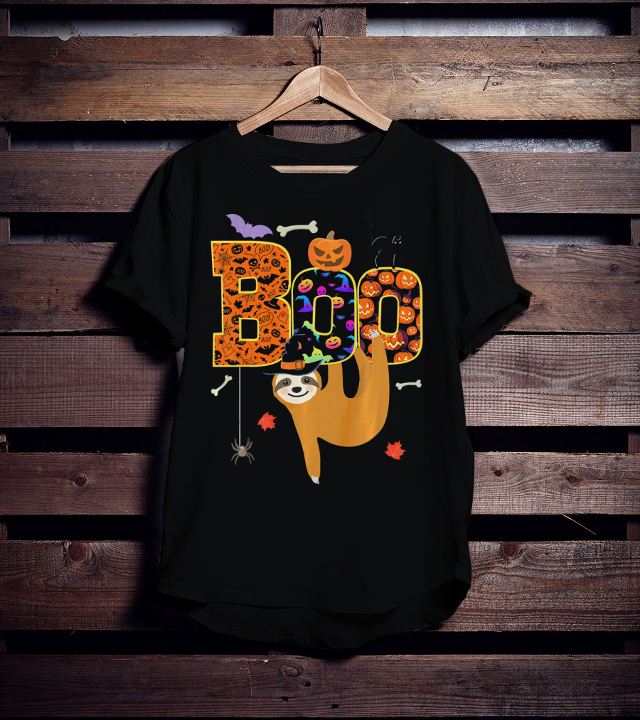 Boo Halloween Sloth With Witch Hat Pumpkins And Spider T-Shirt
