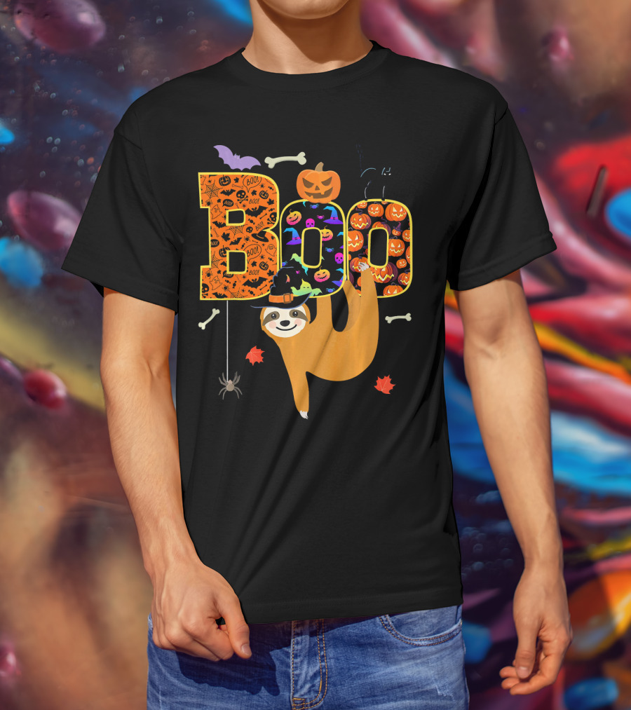Boo Halloween Sloth With Witch Hat Pumpkins And Spider T-Shirt