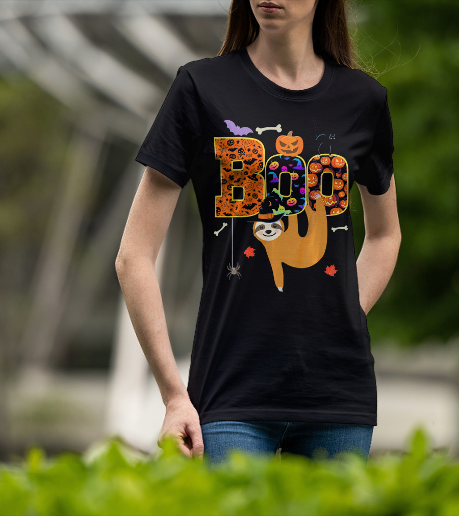 Boo Halloween Sloth With Witch Hat Pumpkins And Spider T-Shirt