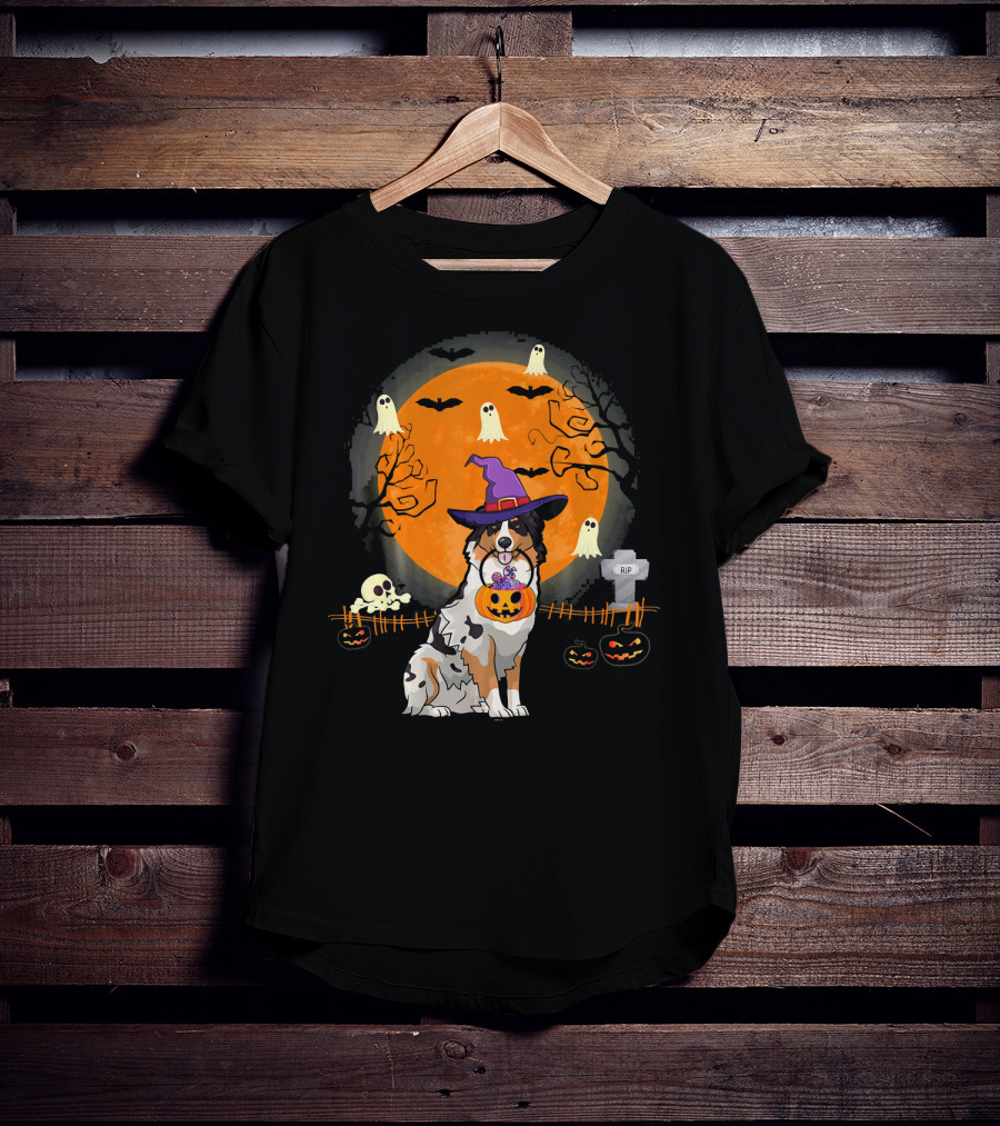 Australian Shepherd Dog Halloween Witch Pumpkin And Ghosts T-Shirt