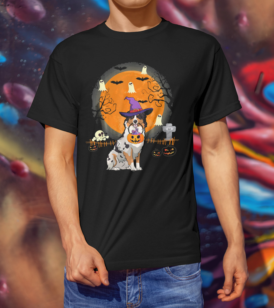 Australian Shepherd Dog Halloween Witch Pumpkin And Ghosts T-Shirt