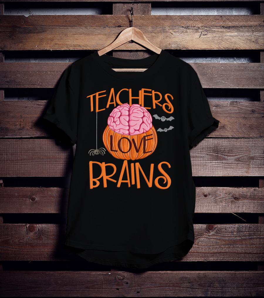 Teachers Love Brains Halloween Pumpkin Bat Spider T-Shirt