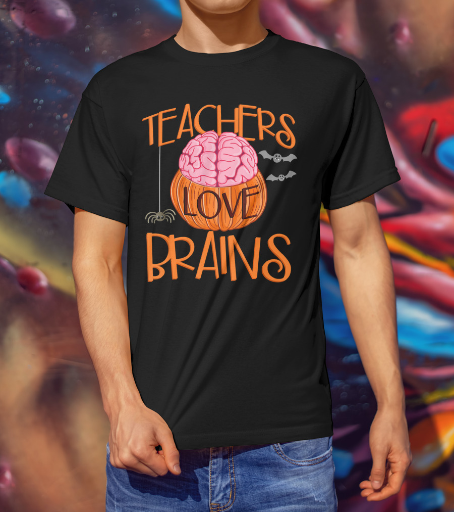 Teachers Love Brains Halloween Pumpkin Bat Spider T-Shirt