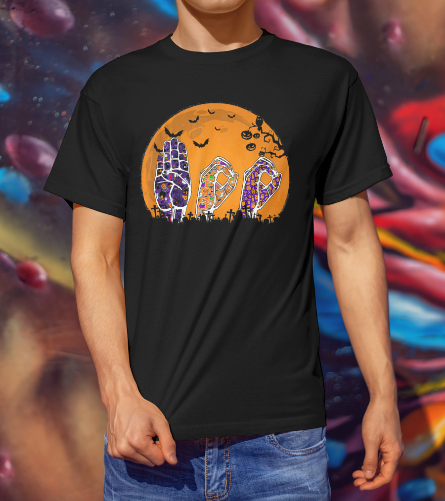 Pride ASL Boo Halloween Sign Language Moon Bats Jack-O'-Lanterns T-Shirt