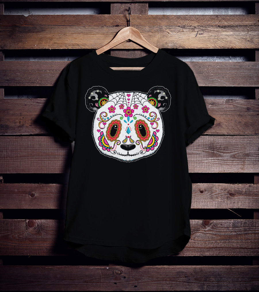 Sugar Skull Panda Day Of The Dead Colorful Floral Skulls T-Shirt