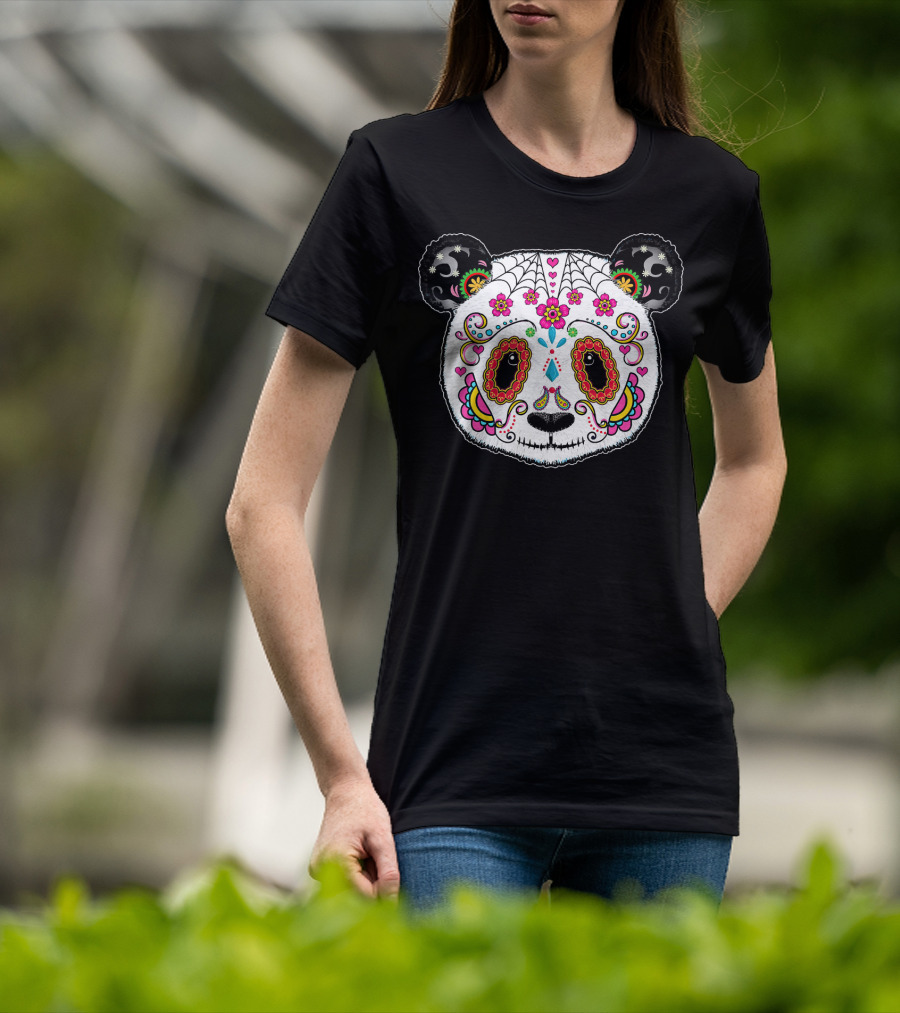 Sugar Skull Panda Day Of The Dead Colorful Floral Skulls T-Shirt