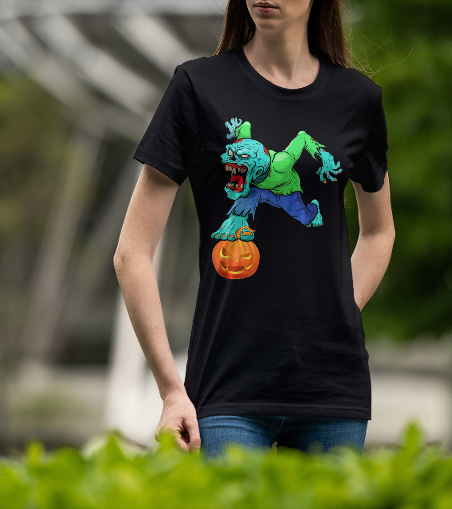 Zombie Leaping Over Grinning Pumpkin T-Shirt