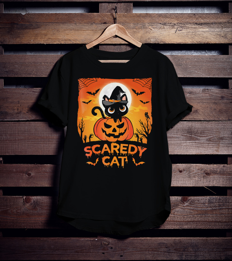 Scaredy Cat Halloween Kitten On Pumpkin With Witch Hat And Bats T-Shirt