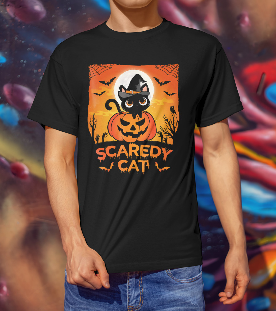 Scaredy Cat Halloween Kitten On Pumpkin With Witch Hat And Bats T-Shirt