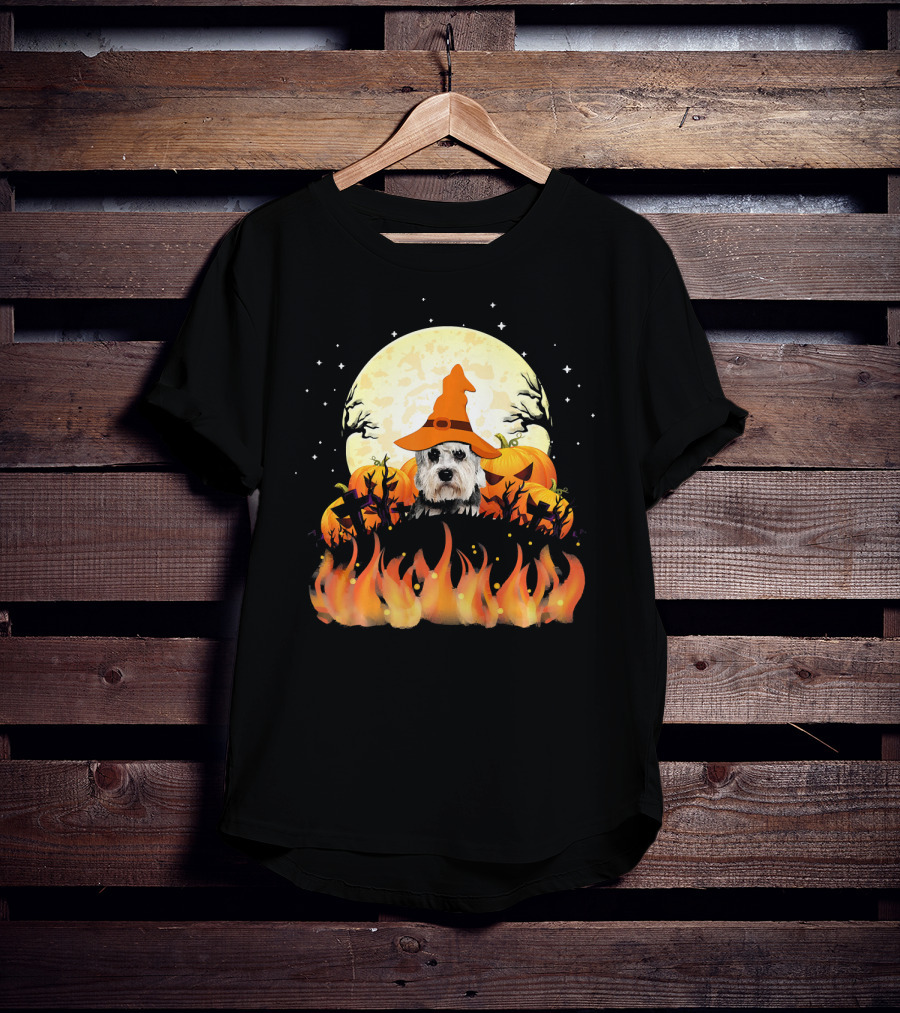 Halloween Dandie Dinmont Terrier Witch Dog Lovers Moon And Pumpkin Scene T-Shirt