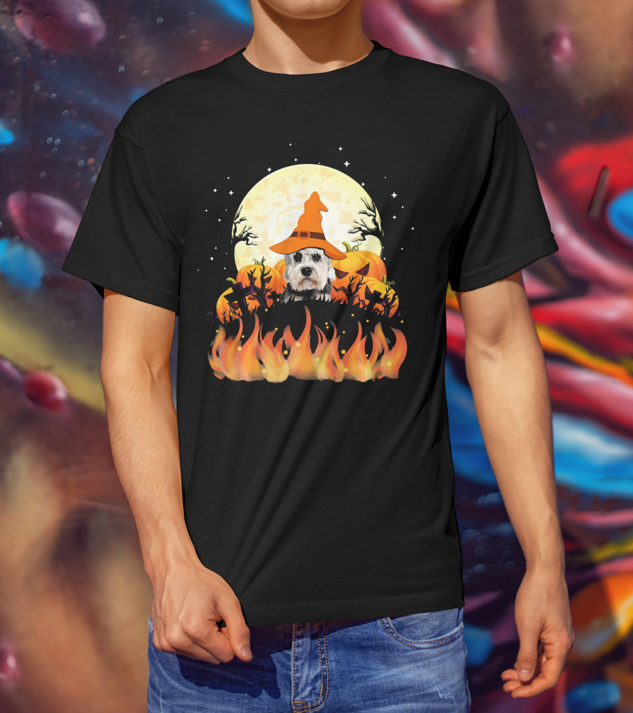 Halloween Dandie Dinmont Terrier Witch Dog Lovers Moon And Pumpkin Scene T-Shirt