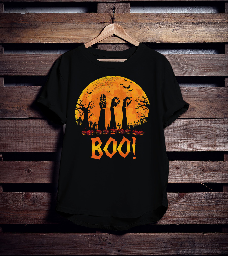 BOO ASL Sign Language With Zombie Hands And Spooky Halloween Moon T-Shirt
