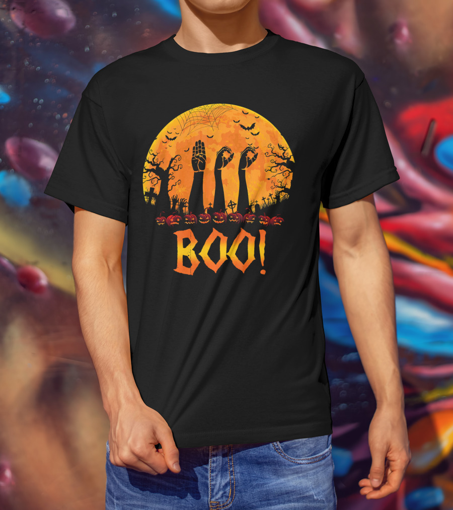 BOO ASL Sign Language With Zombie Hands And Spooky Halloween Moon T-Shirt