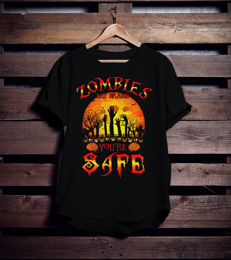 Zombies Eat Brains You're Safe Halloween Rising Hands And Brains Silhouette Sunset T-Shirt