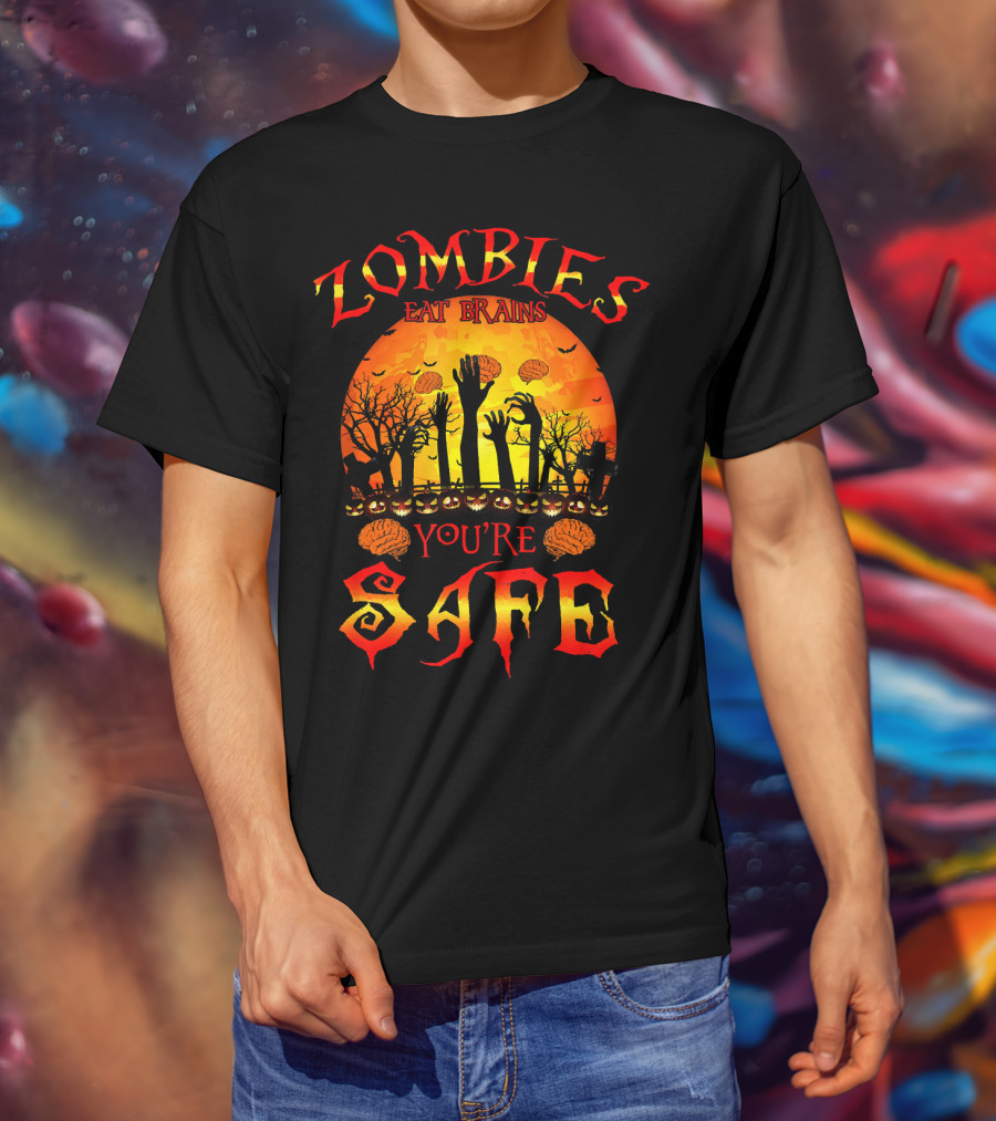 Zombies Eat Brains You're Safe Halloween Rising Hands And Brains Silhouette Sunset T-Shirt
