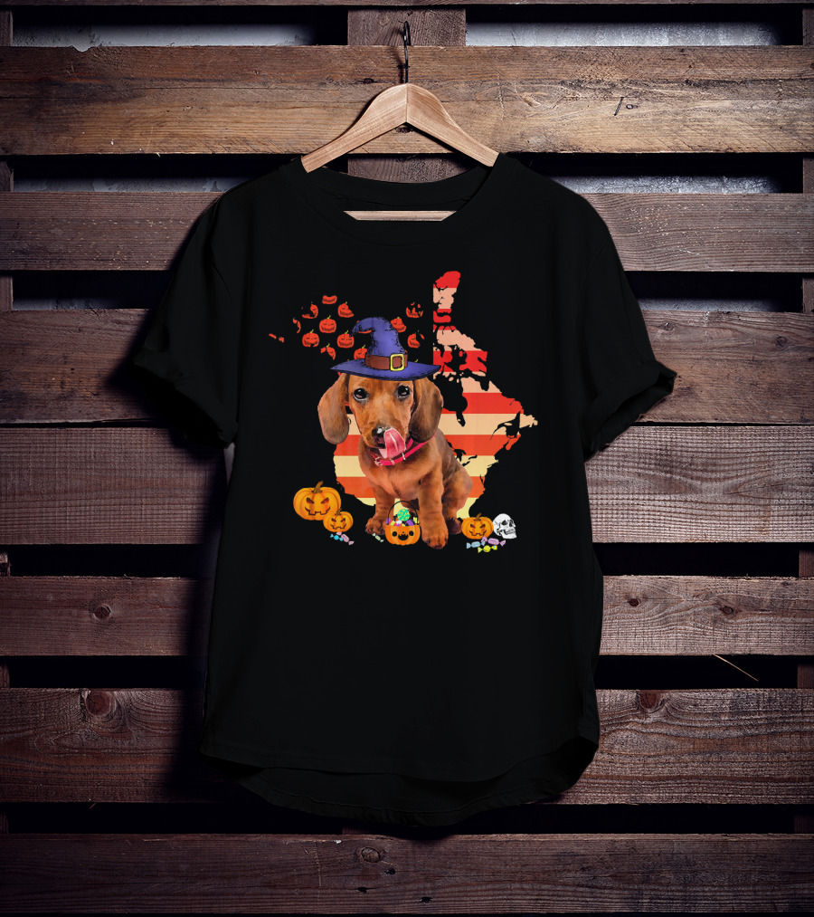 Halloween Witch Hat Daschund Dog With Pumpkin And Candy Canada Map T-Shirt