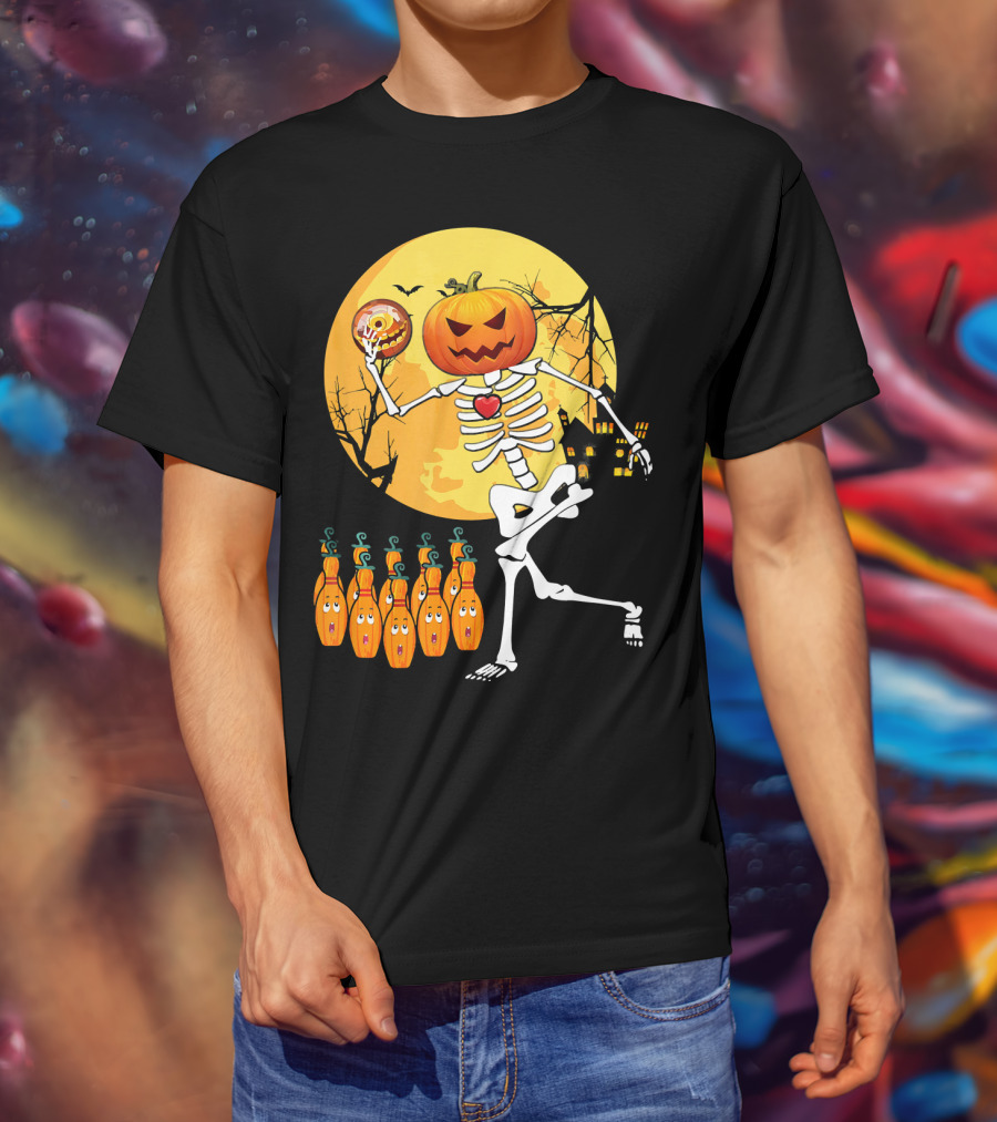 Funny Pumpkin-Headed Bowling Skeleton Halloween Dance T-Shirt