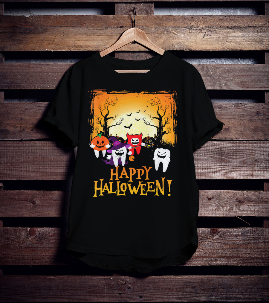 Happy Halloween Funny Teeth And Pumpkins T-Shirt