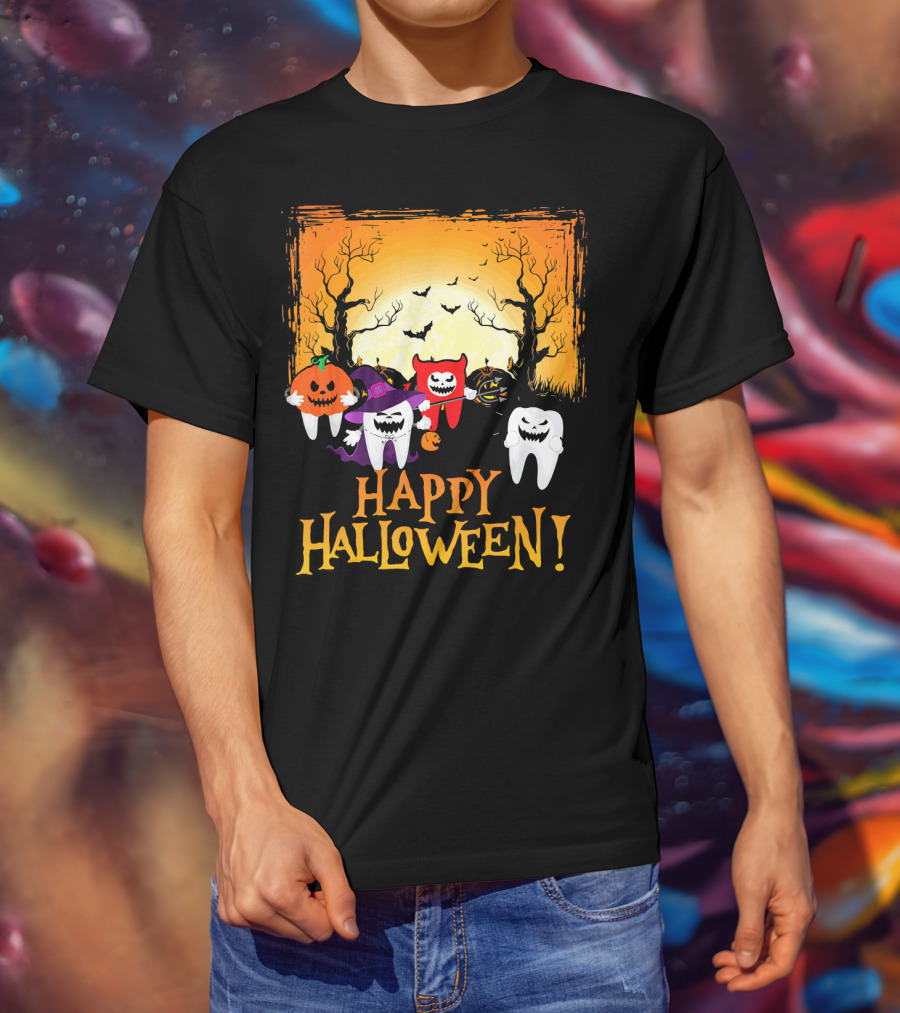 Happy Halloween Funny Teeth And Pumpkins T-Shirt