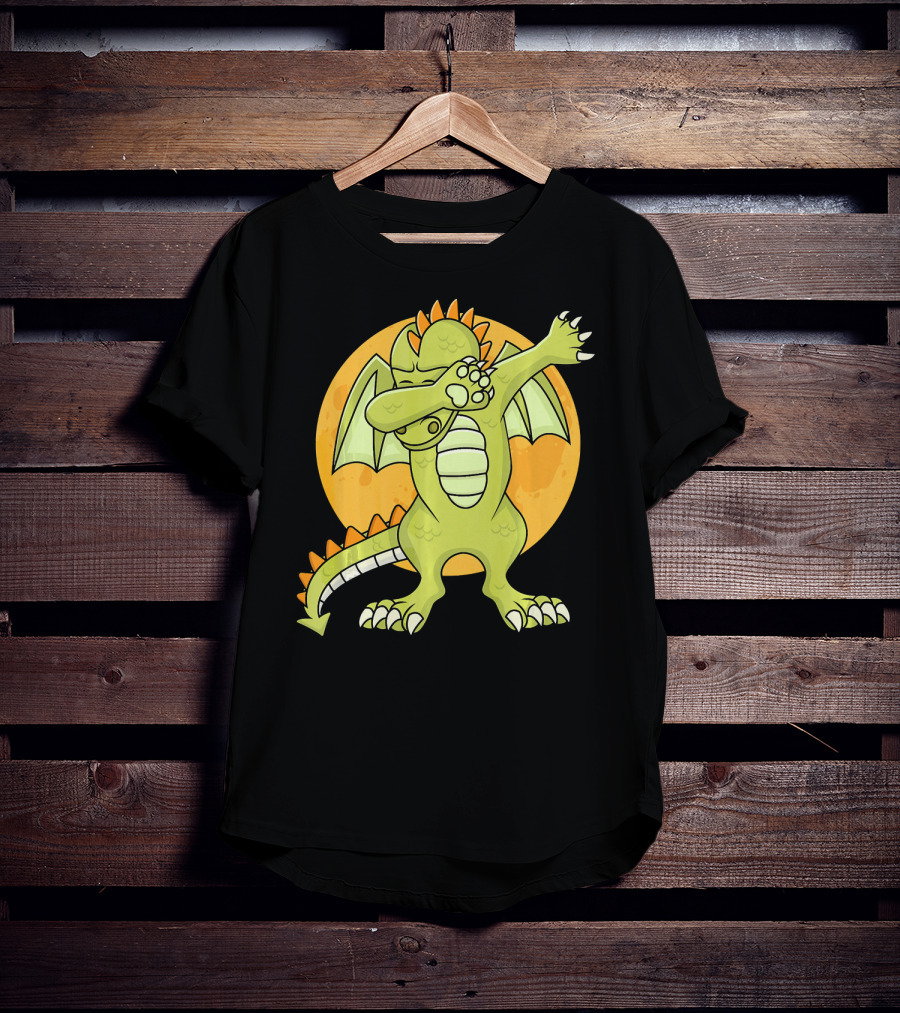 Halloween Dabbing Dragon With Orange Moon Background T-Shirt
