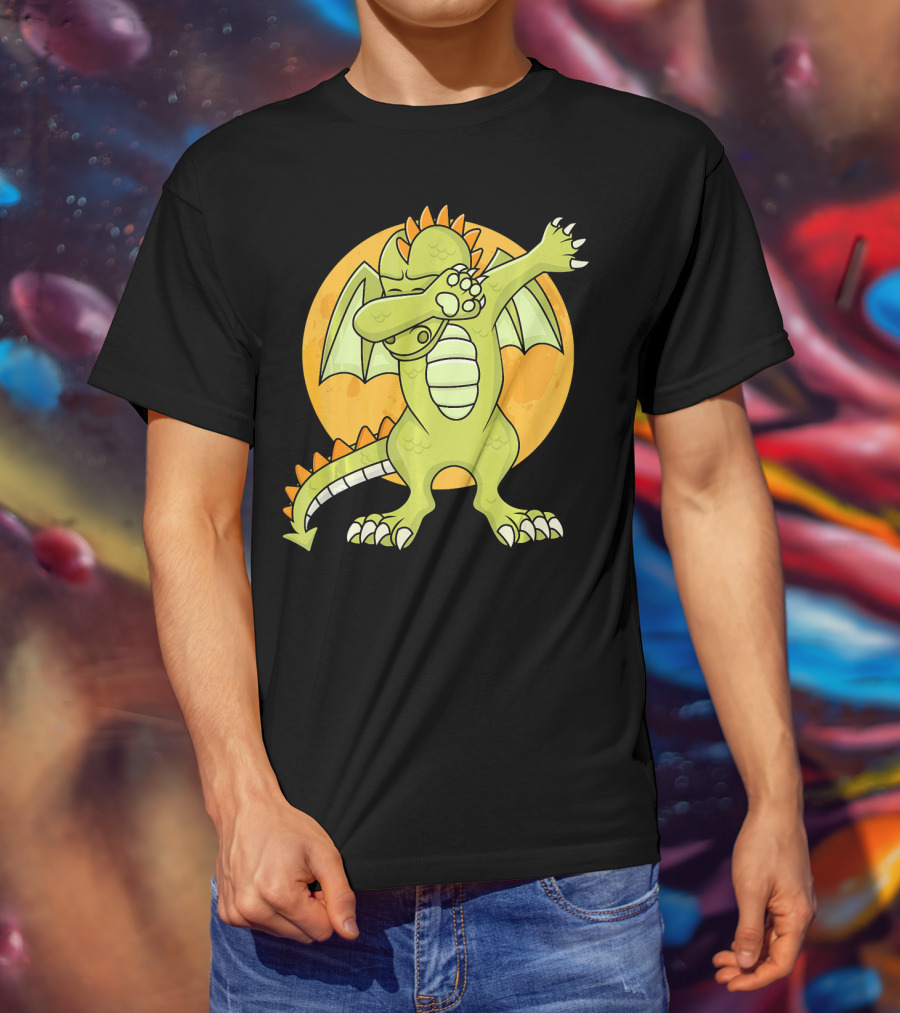 Halloween Dabbing Dragon With Orange Moon Background T-Shirt