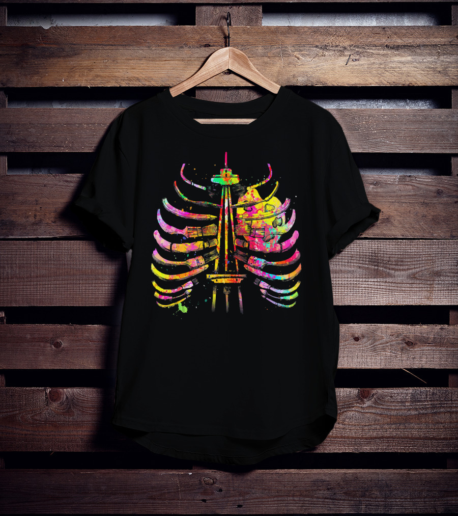 Colorful Seattle Space Needle Skeleton Ribcage Halloween T-Shirt