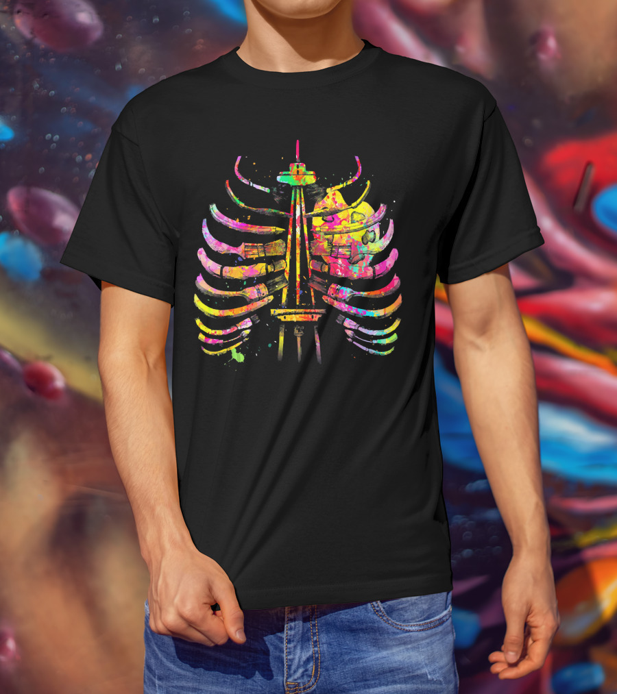 Colorful Seattle Space Needle Skeleton Ribcage Halloween T-Shirt