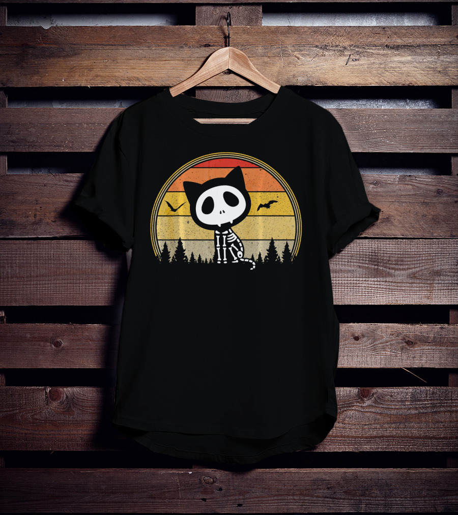 Cat Skeleton Spooky Vampire Halloween Vintage Sunset Forest Bats T-Shirt
