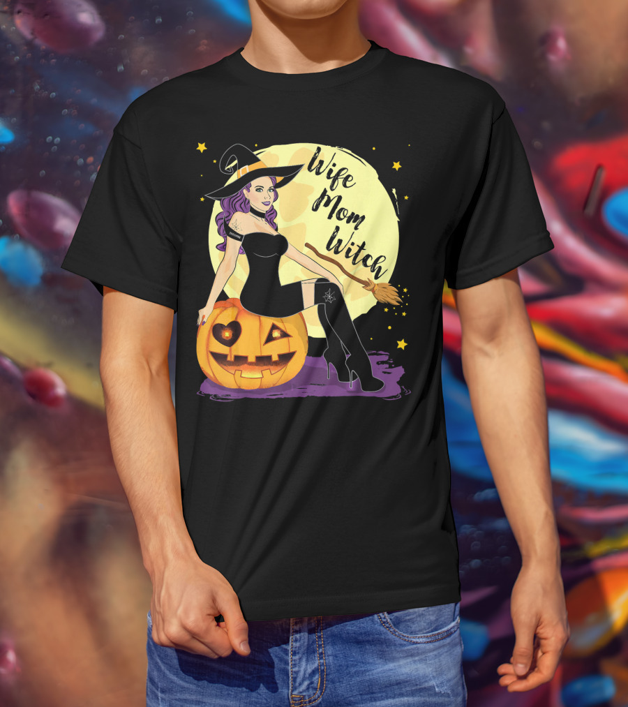 Wife Mom Witch Halloween Women Bro Pumpkin Moon Broomstick T-Shirt