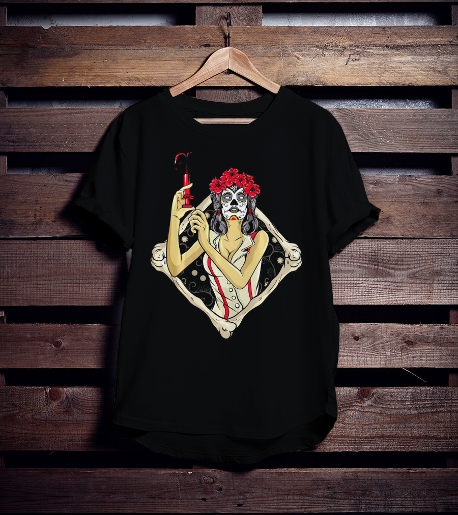 Halloween Nurse Day Of The Dead Dia De Los Muertos Skeleton Syringe Flower Crown T-Shirt