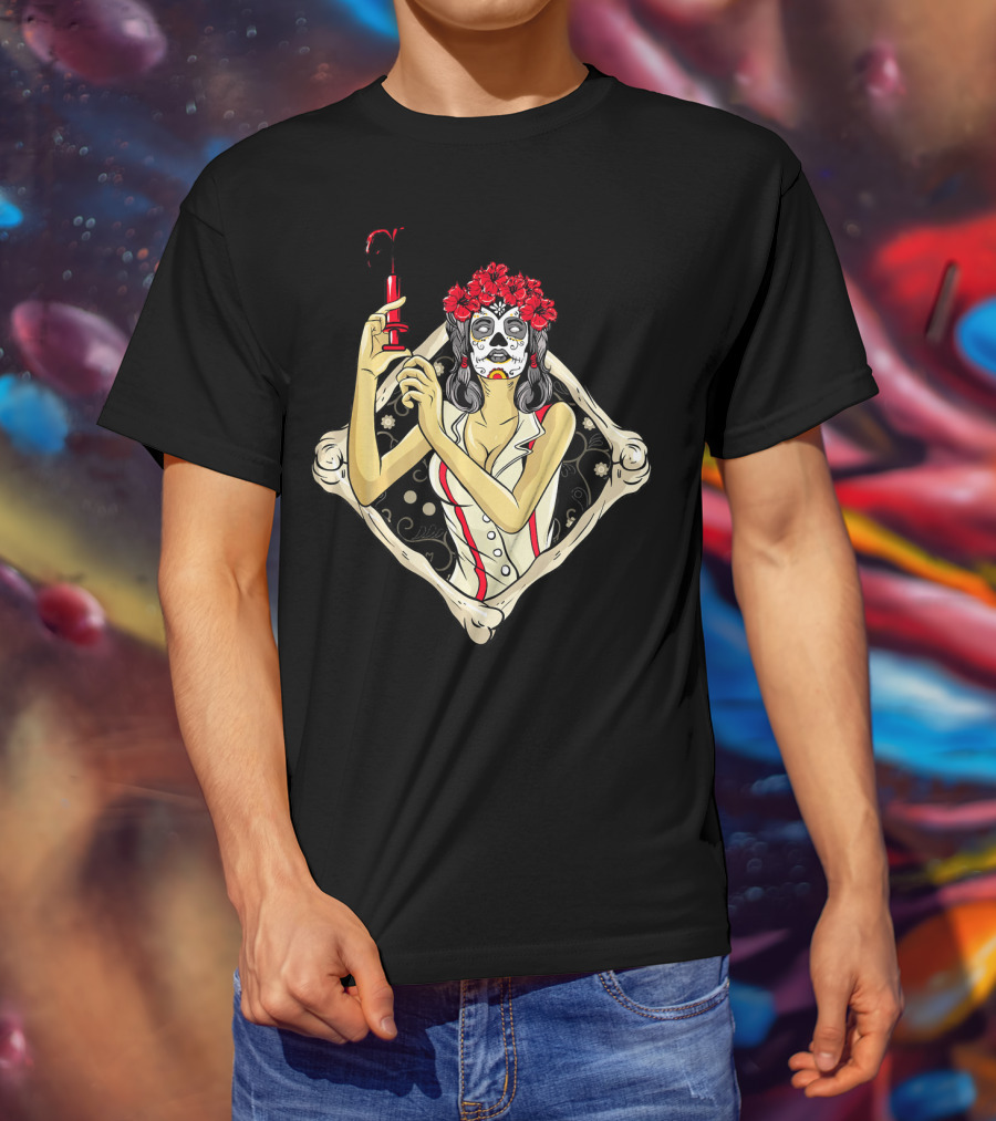 Halloween Nurse Day Of The Dead Dia De Los Muertos Skeleton Syringe Flower Crown T-Shirt
