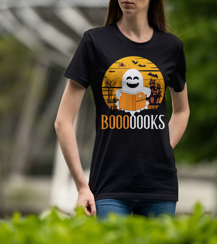 Booooooks Boo Read Books Funny Nerd Halloween Ghost Reading T-Shirt