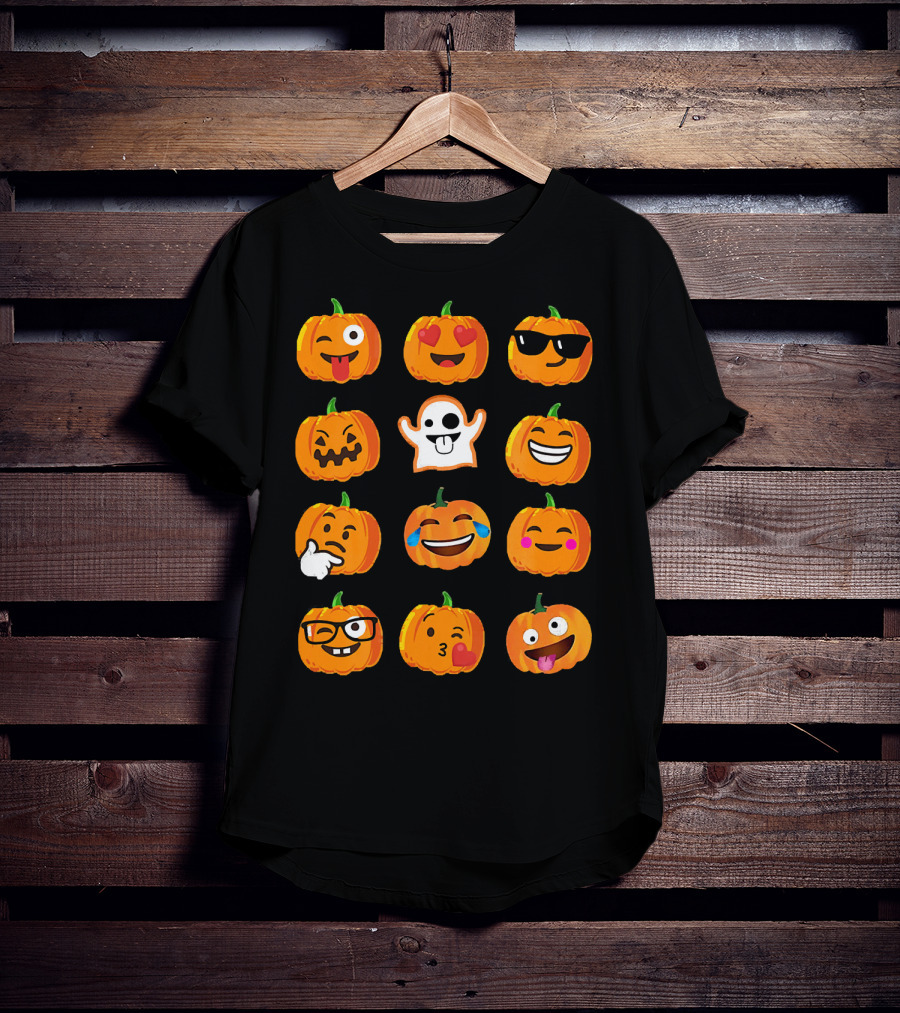 Emoji Faces Pumpkins And Ghost Halloween T-Shirt