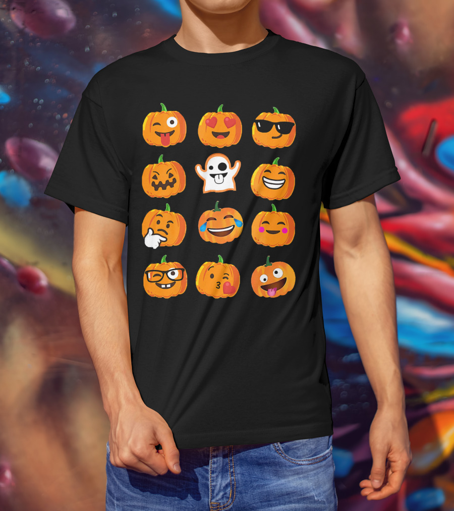 Emoji Faces Pumpkins And Ghost Halloween T-Shirt