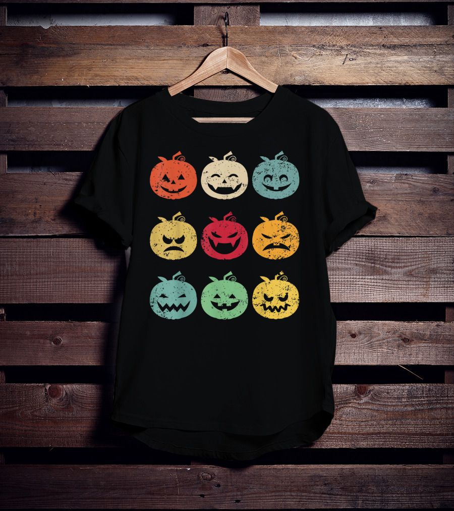 Vintage Pumpkin Emoji Halloween Faces In Nine Colorful Expressions T-Shirt