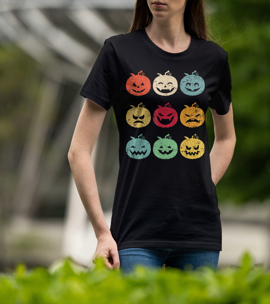 Vintage Pumpkin Emoji Halloween Faces In Nine Colorful Expressions T-Shirt