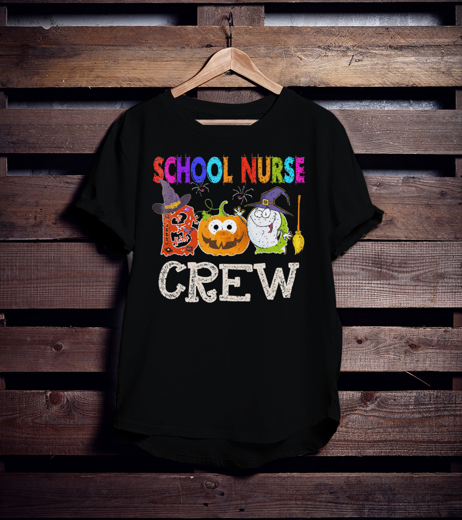 School Nurse Boo Crew Halloween Pumpkin Ghost Witches Hat Broom T-Shirt