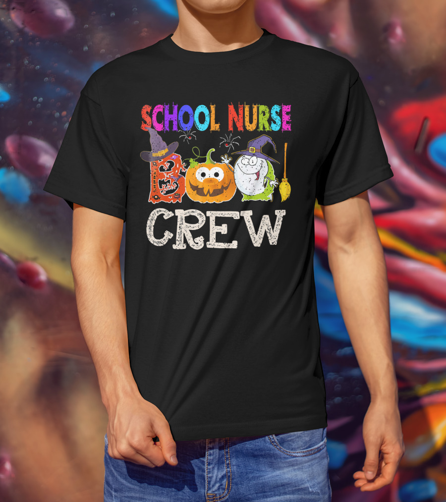 School Nurse Boo Crew Halloween Pumpkin Ghost Witches Hat Broom T-Shirt