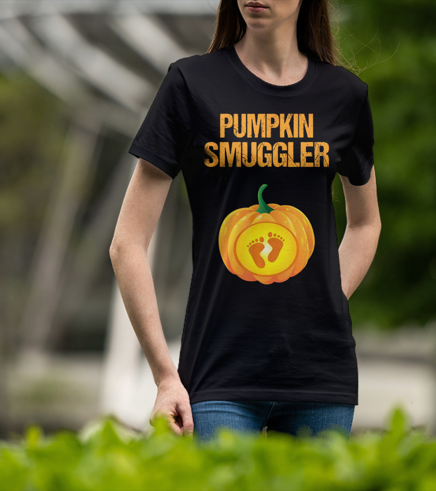 Pumpkin Smuggler Pregnancy Announcement With Baby Footprints T-Shirt