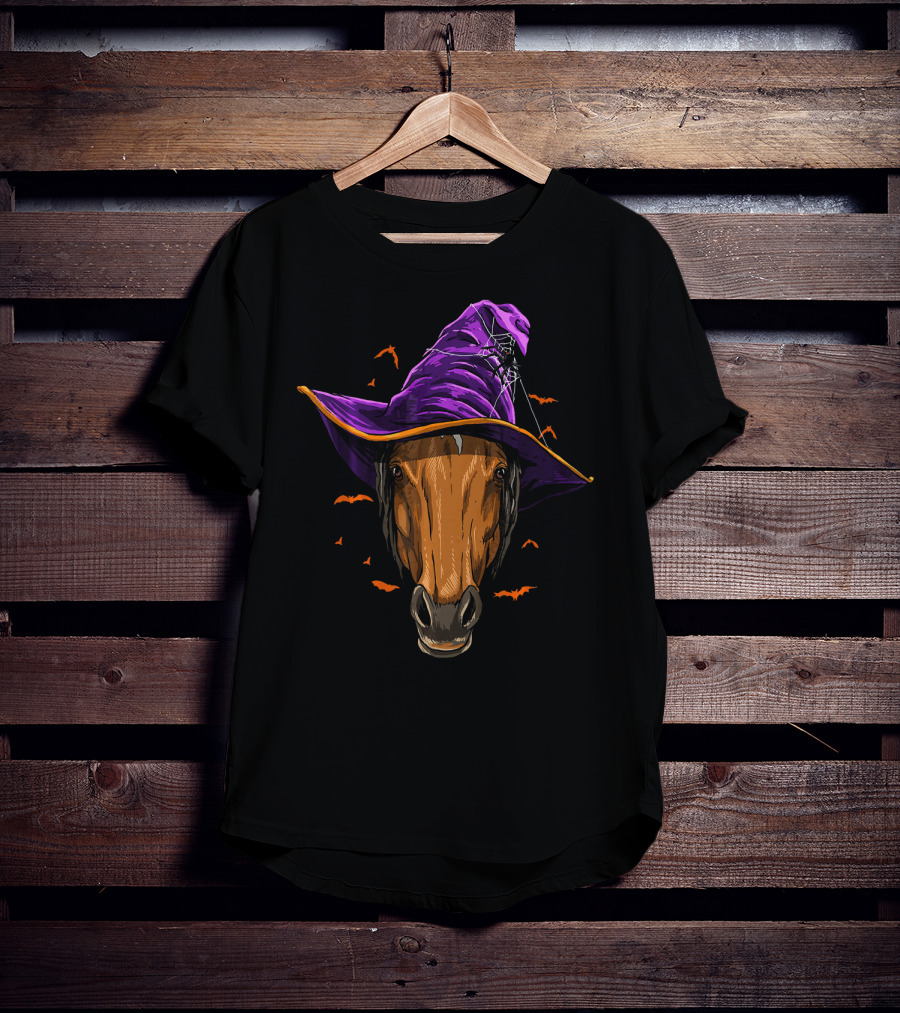 Horse With Purple Witch Hat Surrounded By Bats And Spider Web T-Shirt